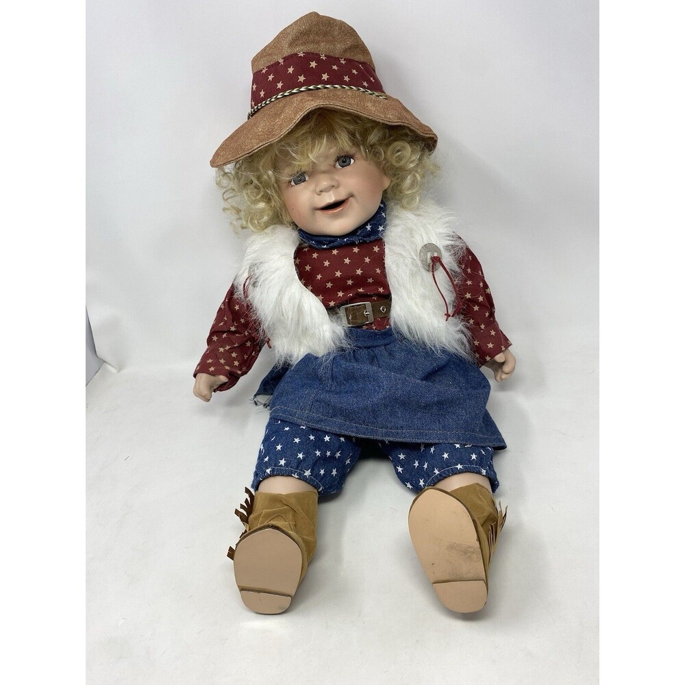 22in Porcelain Doll Patriotic Cowgirl Blonde Curls Blue Eye